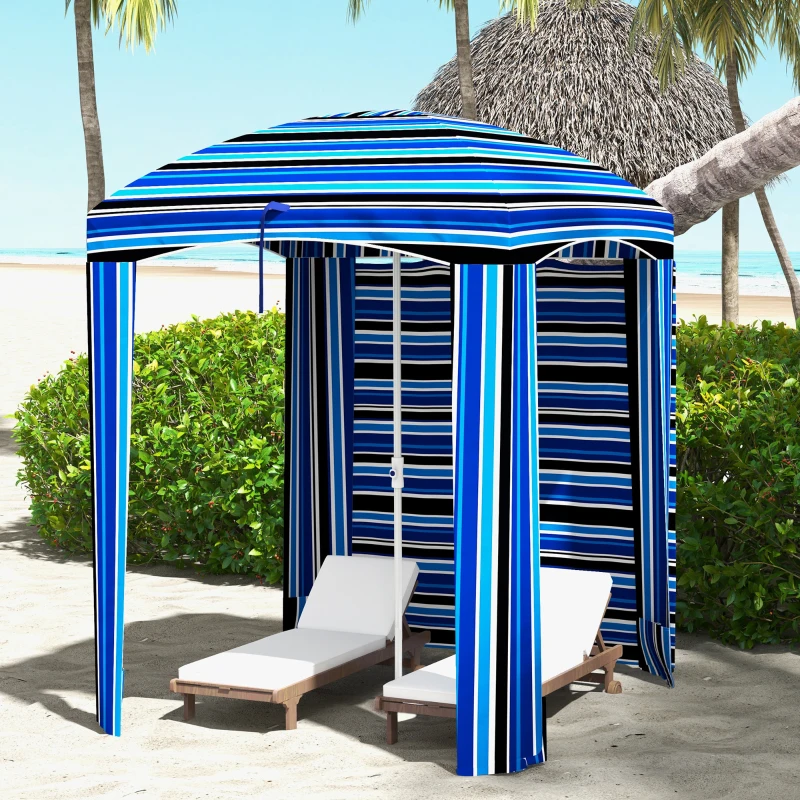 Outsunny 70.1" L x 70.1" W Cabana Umbrella with Walls, Vents, Ruffles, Carry Bag, Beach Umbrella, Blue Stripe