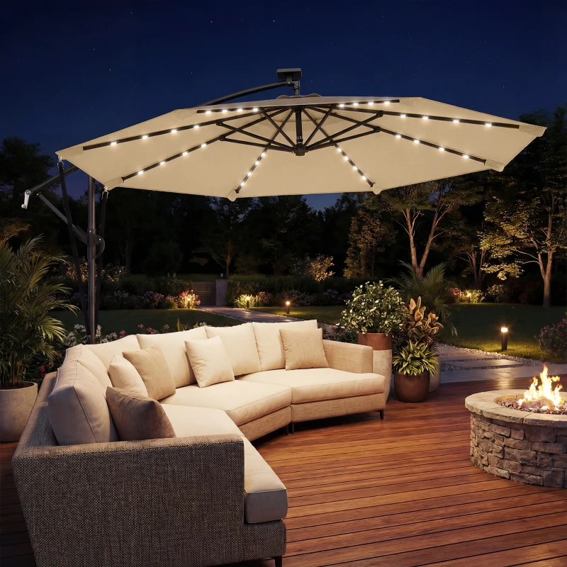 Outsunny 9.7ft Solar LED Cantilever Patio Umbrella with 32 LED Lights, Cross Base, Crank Handle, for Poolside, Deck, Khaki