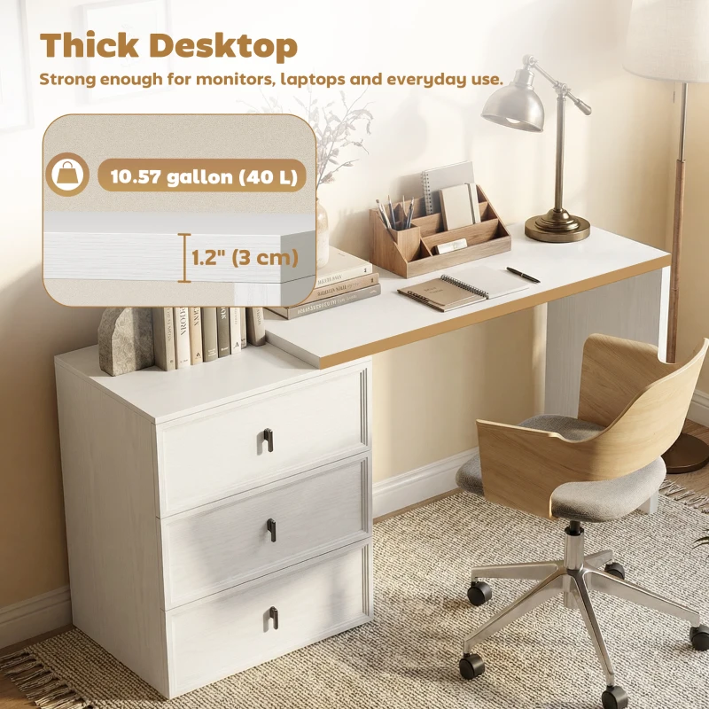 HOMCOM L Shaped Computer Desk Home Office Desk with 3 Drawers White Wood Grain