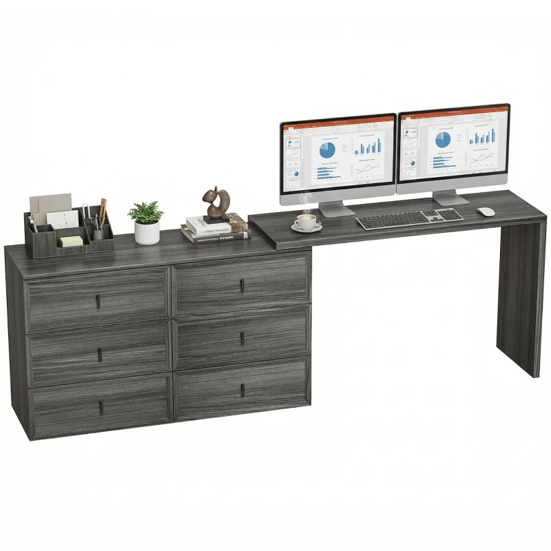 HOMCOM L Shaped Computer Desk Home Office Desk with 6 Drawers Black Wood Grain