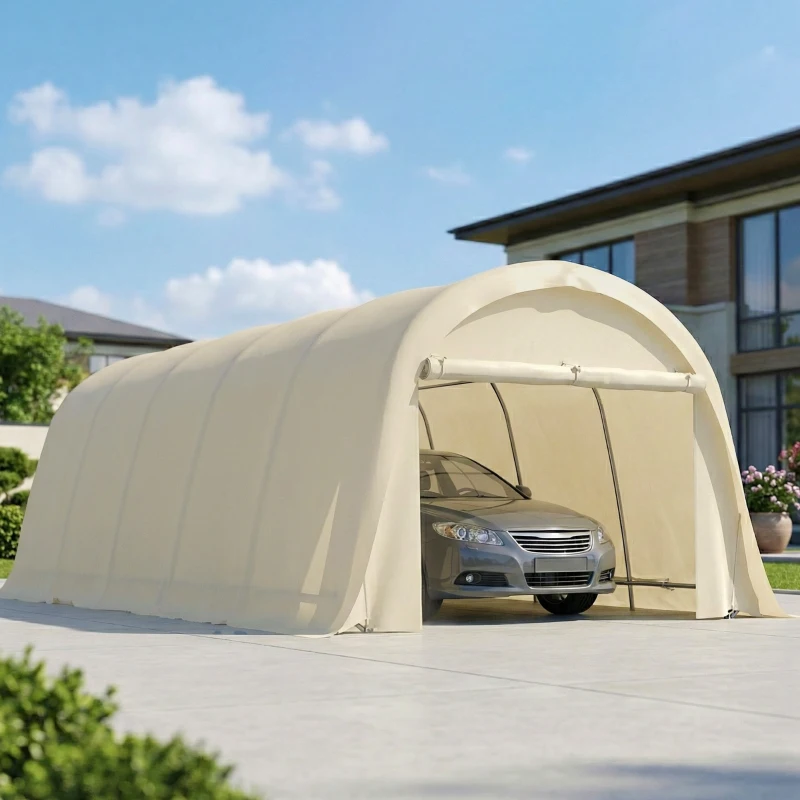 Outsunny 12' x 23.6' Heavy Duty Carport, UPF50+ Portable Garage Car Canopy Tent with Galvanized Frame, Large Door, Beige