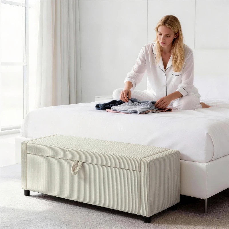 HOMCOM Storage Ottoman, Upholstered Corduroy End of Bed Bench with Thick Padding, Storage Bench for Bedroom, Beige