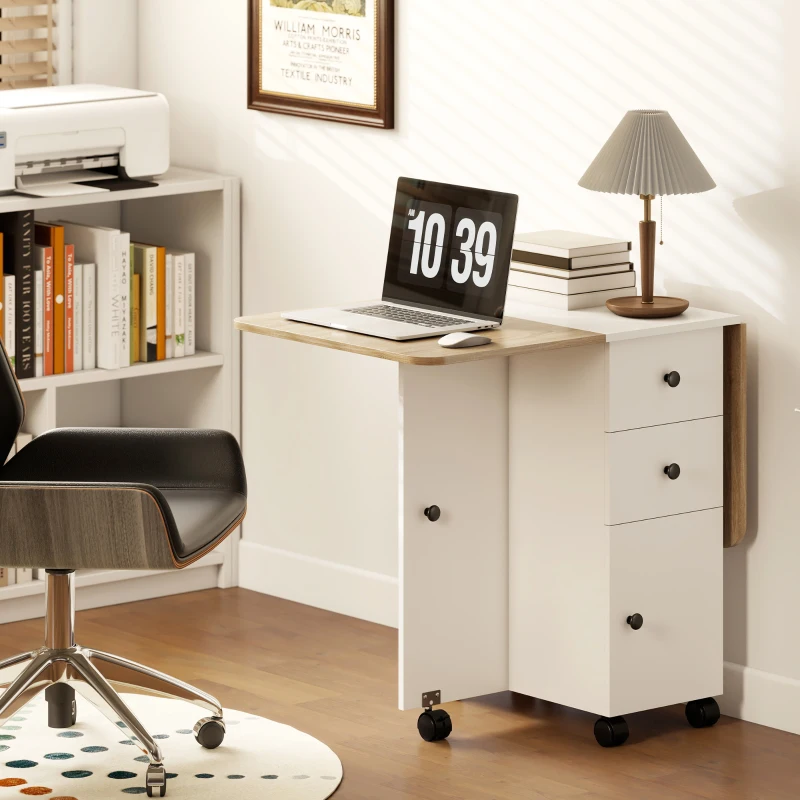 HOMCOM Drop Leaf Dining Table, Mobile Folding Table on Wheels with Drawers and Cabinet for Dining Room, Kitchen, White and Oak