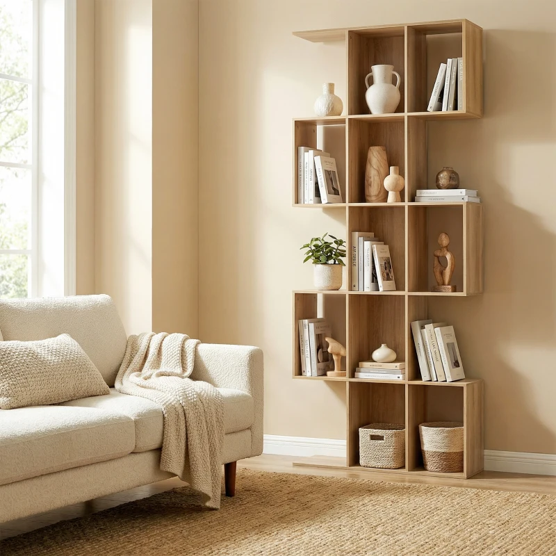 HOMCOM 5-Tier Bookshelf, S Shaped Geometric Bookcase with 15 Compartments, Oak