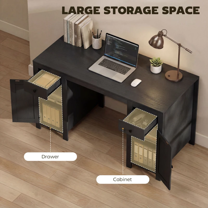 HOMCOM 53" Farmhouse Executive Desk, Computer Desk with Drawers and 2 Cabinets, Study Table for Home Office, Black Wood Grain