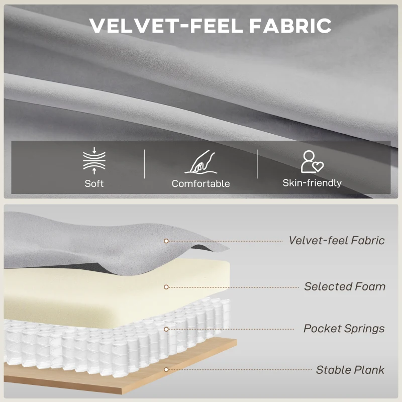 HOMCOM 3 Seater Sofa, Velvet Upholstered Couch with Spring Cushions, Rubber Wood Legs and 2 Pillows, Grey