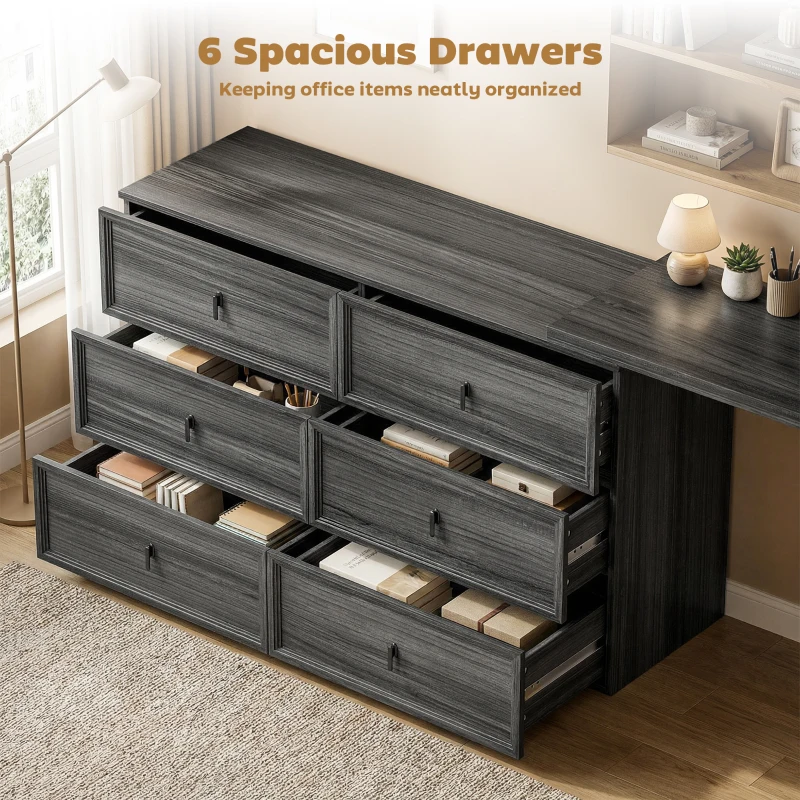 HOMCOM L Shaped Computer Desk Home Office Desk with 6 Drawers Black Wood Grain