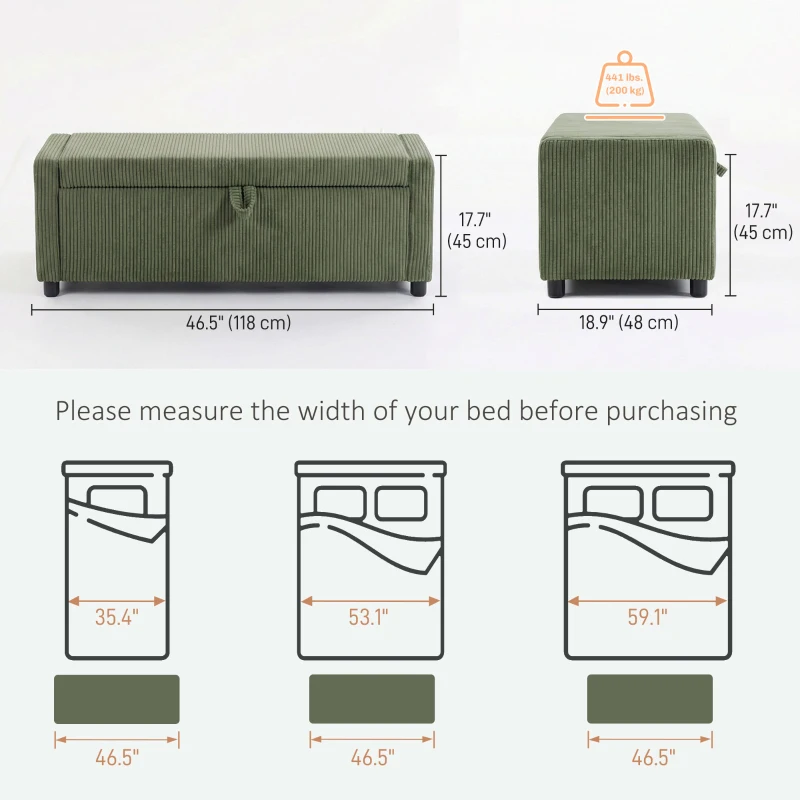 HOMCOM Storage Ottoman, Upholstered Corduroy End of Bed Bench with Thick Padding, Storage Bench for Bedroom, Dark Green