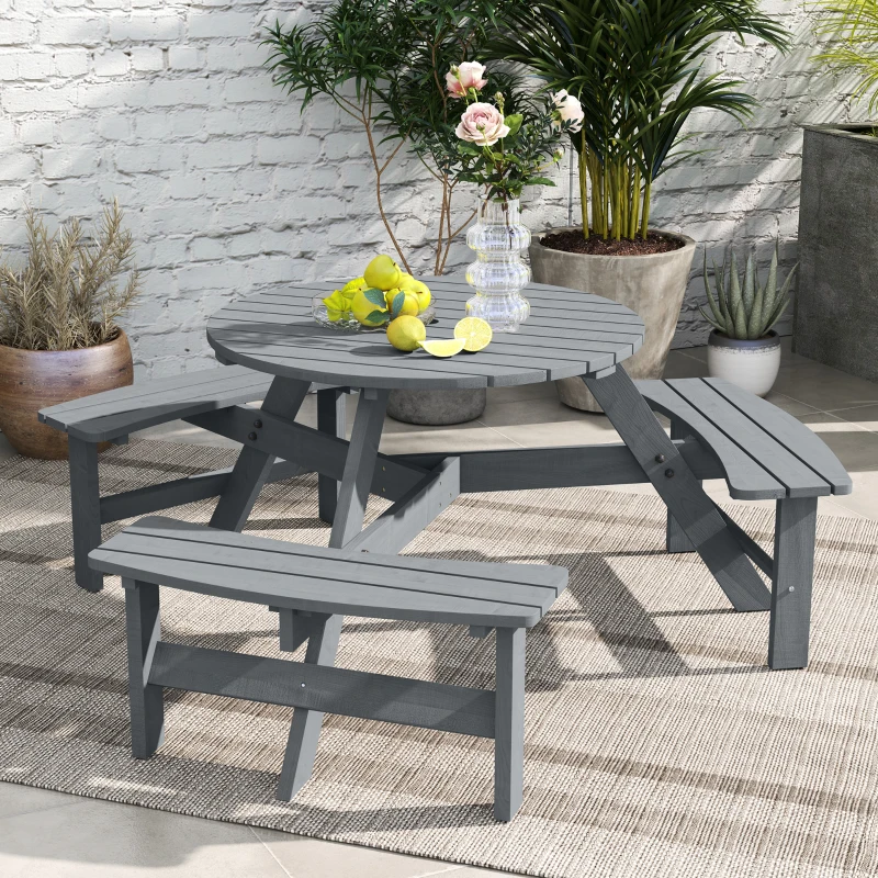 Outsunny 6 Person Round Picnic Table Bench Set with Umbrella Hole, Wood Patio Table with 3 Built-in Benches for Garden, Deck, Backyard, Grey