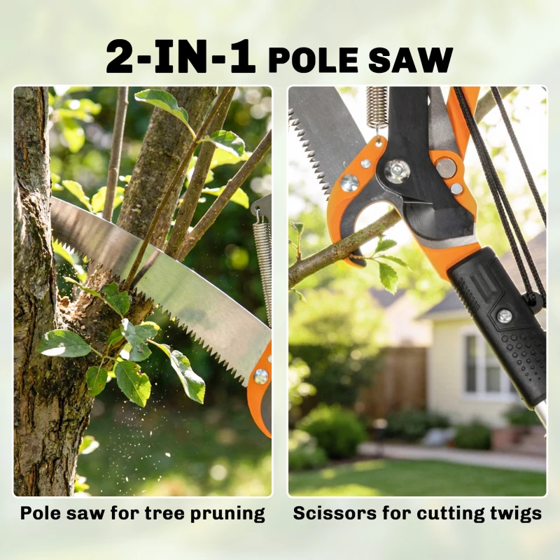 Outsunny 6.5ft 2-In-1 Manual Pole Saw for Tree Trimming, Aluminium Telescopic Long Reach Pole Pruner with Sharp 65Mn Steel Blade