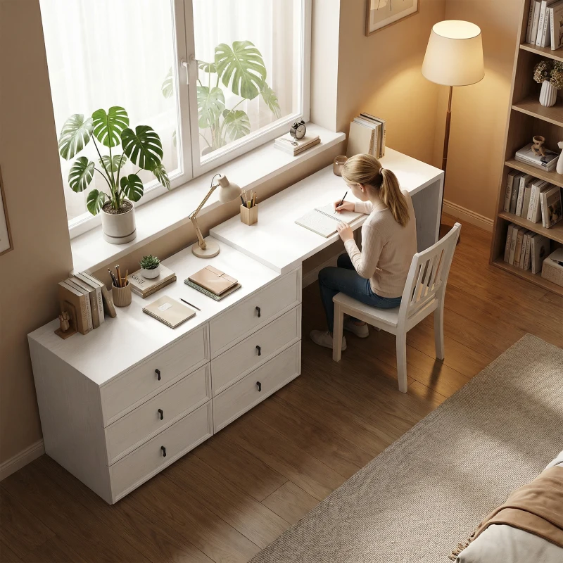 HOMCOM L Shaped Computer Desk Home Office Desk with 6 Drawers White Wood Grain