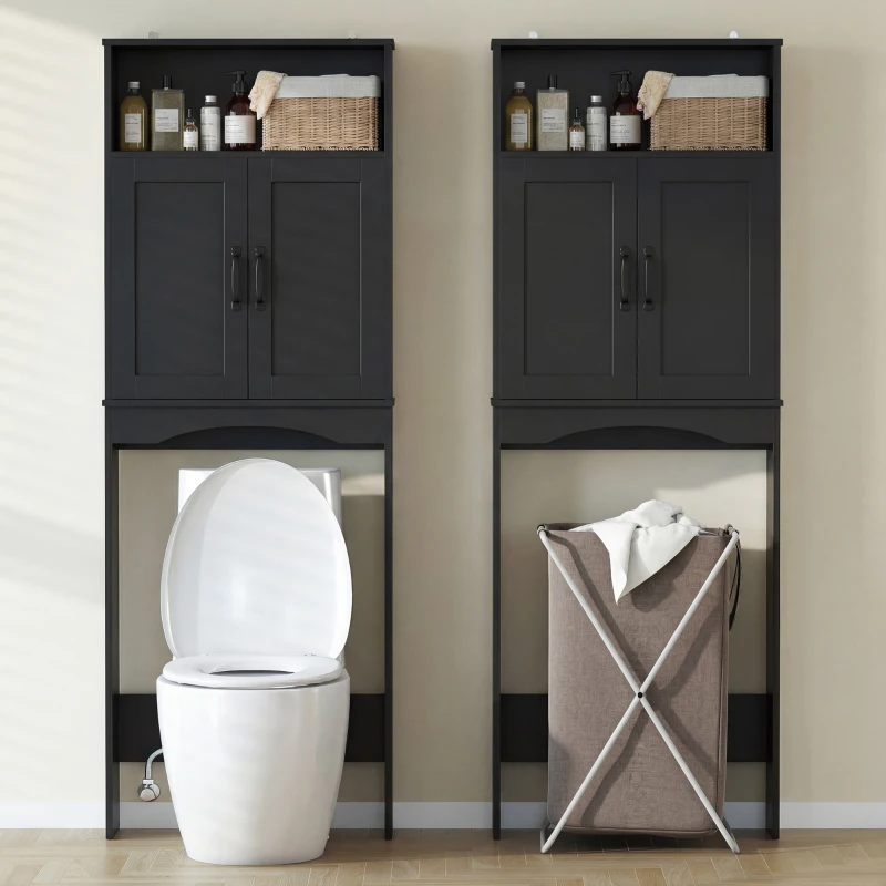 HOMCOM Over the Toilet Storage Cabinet Freestanding Bathroom Organizer with 2 Doors and Open Shelf Black