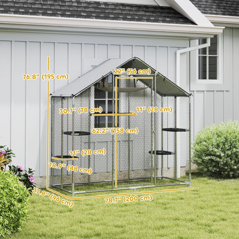 PawHut Large Catio Outdoor Cat Enclosure with Waterproof Cover, Walk-in Cat Patio w/ 5 Adjustable Platforms & Hammock