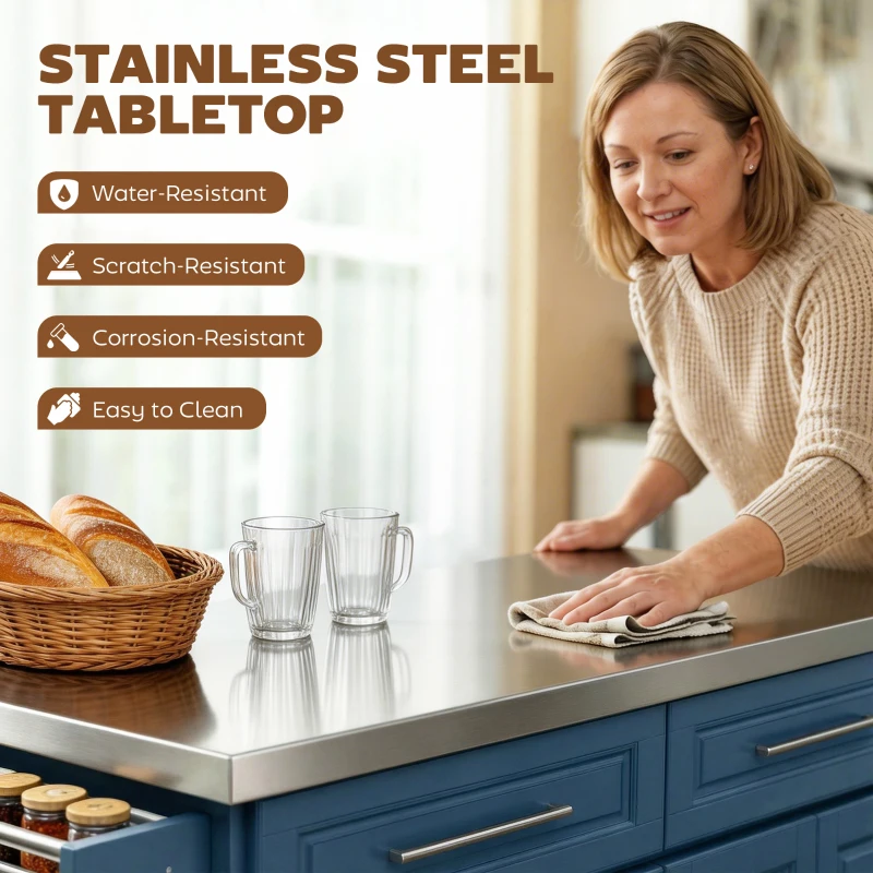 HOMCOM Rolling Kitchen Island with Stainless Steel Top, 2 Drawers, Spice, Knife and Towel Rack and Cabinets, Navy Blue