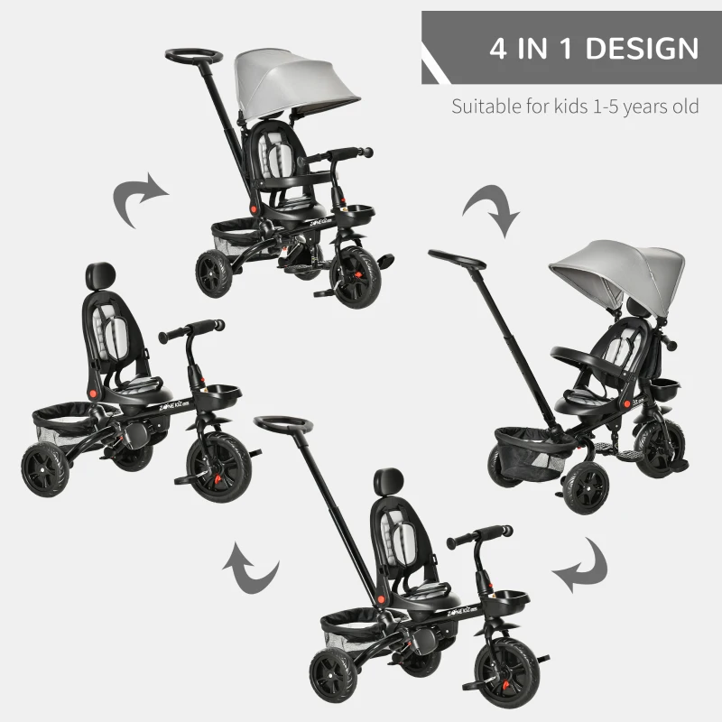 Qaba Tricycle for Toddler 4 in 1 Kids Trike with Reversible Adjustable Seat, Baby Push Bike with Removable Handle, Curved Canopy, Belt Storage Brake Clutch for 1-5 Years, Grey