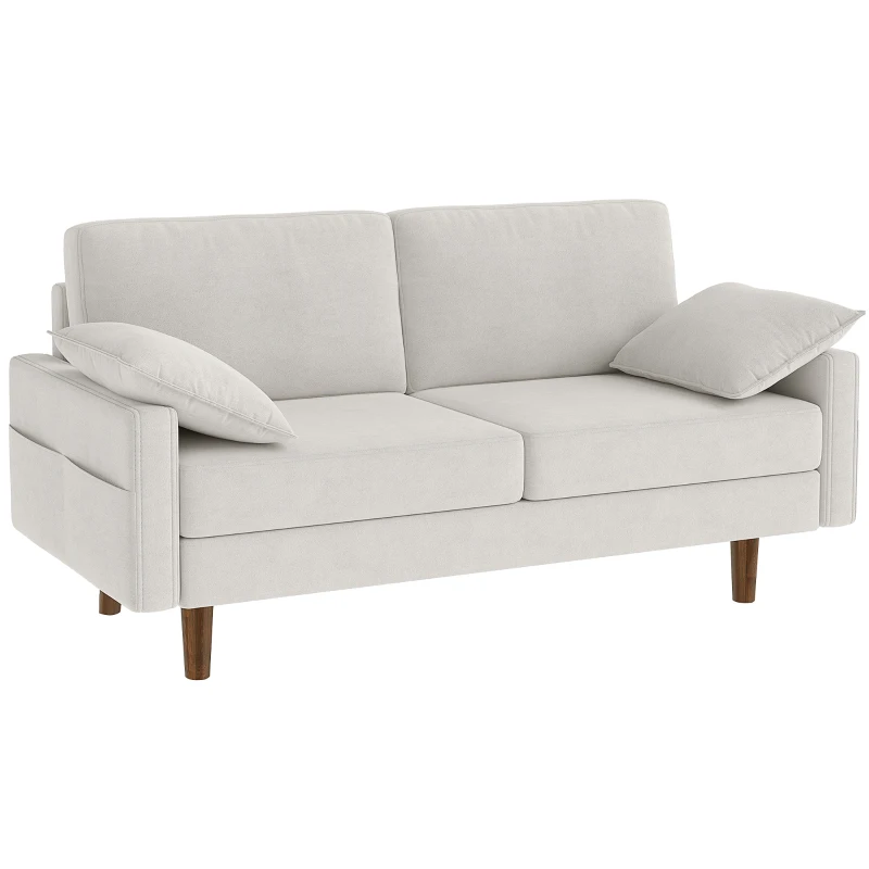 HOMCOM 3 Seater Sofa, Velvet Upholstered Couch with Spring Cushions, Rubber Wood Legs and 2 Pillows, Cream White