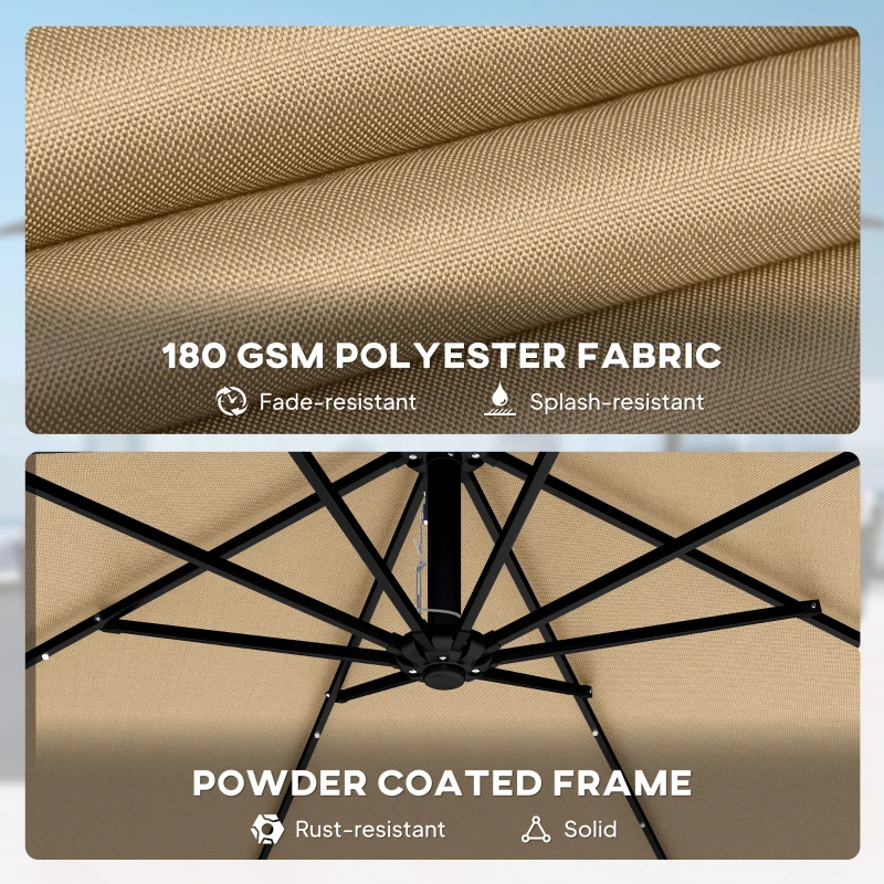 Outsunny 9.7ft Solar LED Cantilever Patio Umbrella with 32 LED Lights, Cross Base, Crank Handle, for Poolside, Deck, Khaki