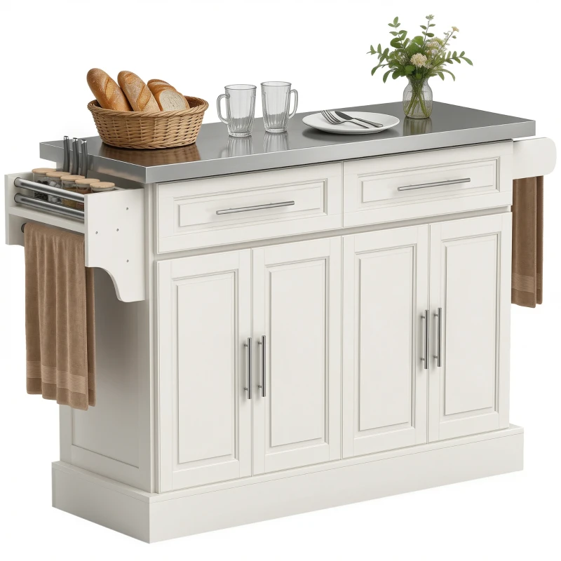 HOMCOM Rolling Kitchen Island with Stainless Steel Top, 2 Drawers, Spice, Knife and Towel Rack and Cabinets, Cream White
