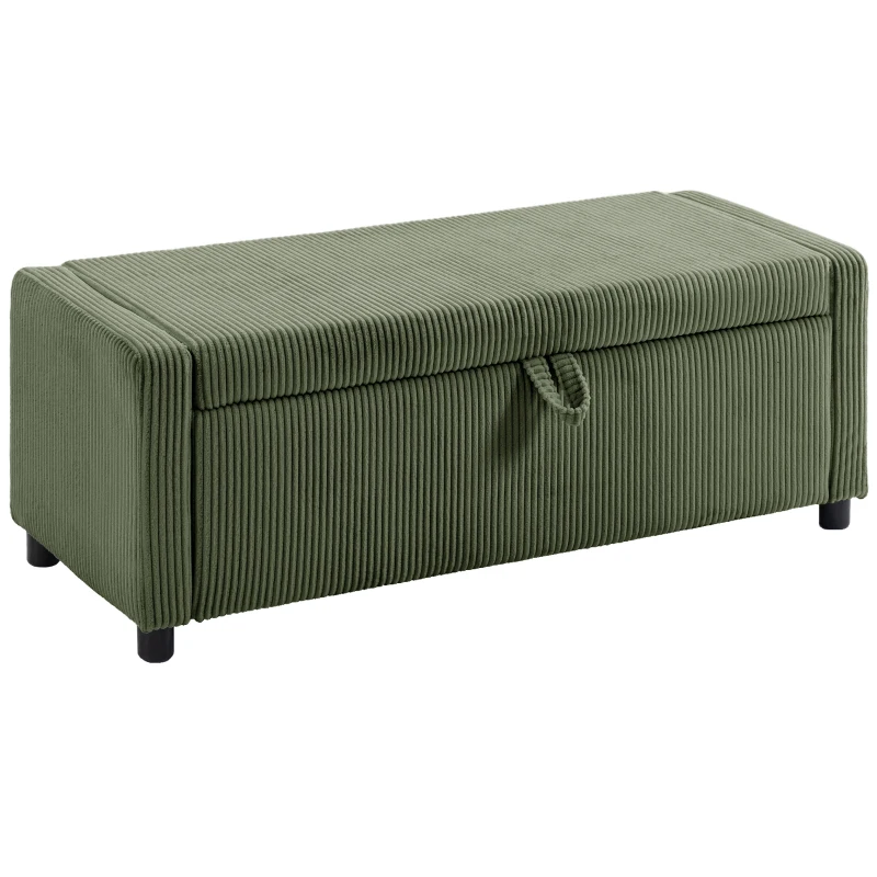 HOMCOM Storage Ottoman, Upholstered Corduroy End of Bed Bench with Thick Padding, Storage Bench for Bedroom, Dark Green