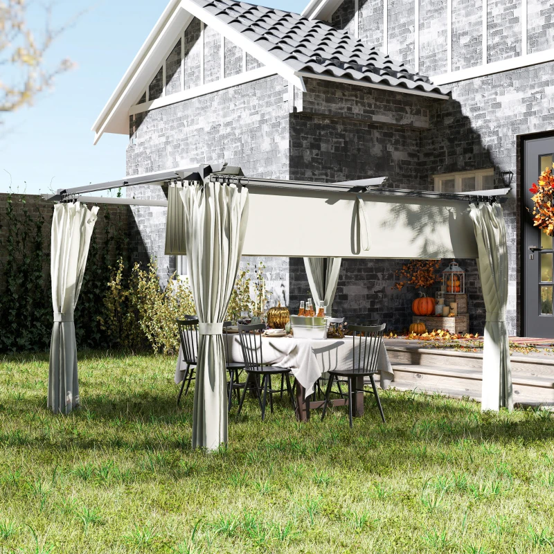 Outsunny 10' x 13' Pergola with Retractable Canopy and Curtains, UPF30+ Sun Shade Shelter for Grill, Garden, Backyard, Deck