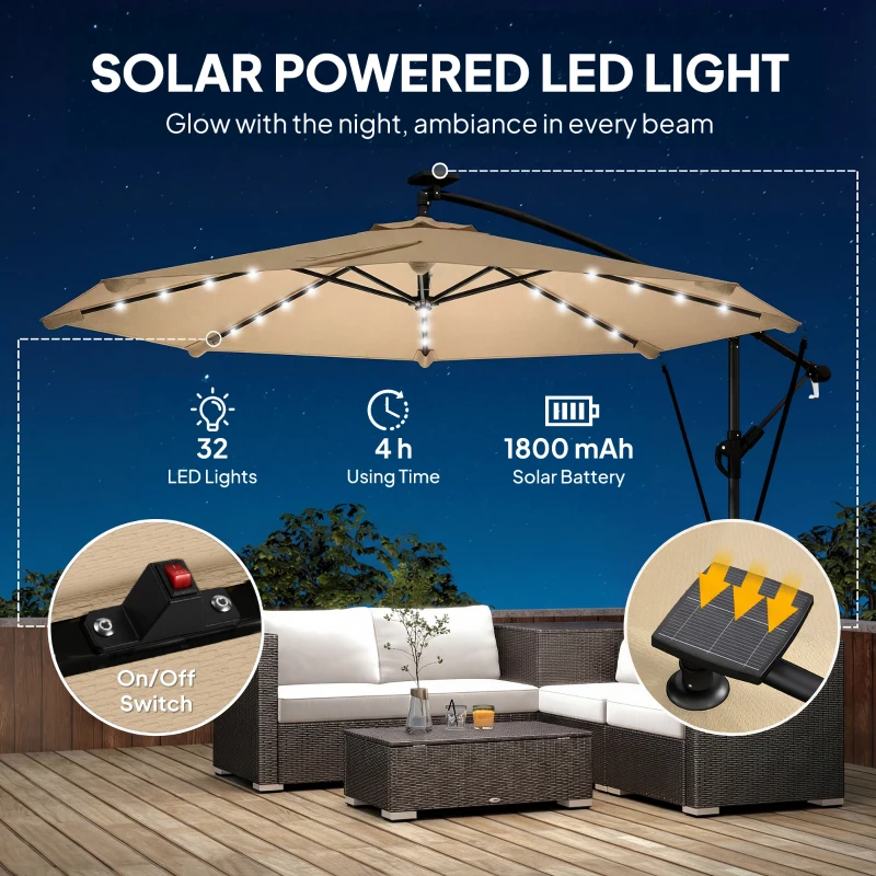 Outsunny 9.7ft Solar LED Cantilever Patio Umbrella with 32 LED Lights, Cross Base, Crank Handle, for Poolside, Deck, Khaki