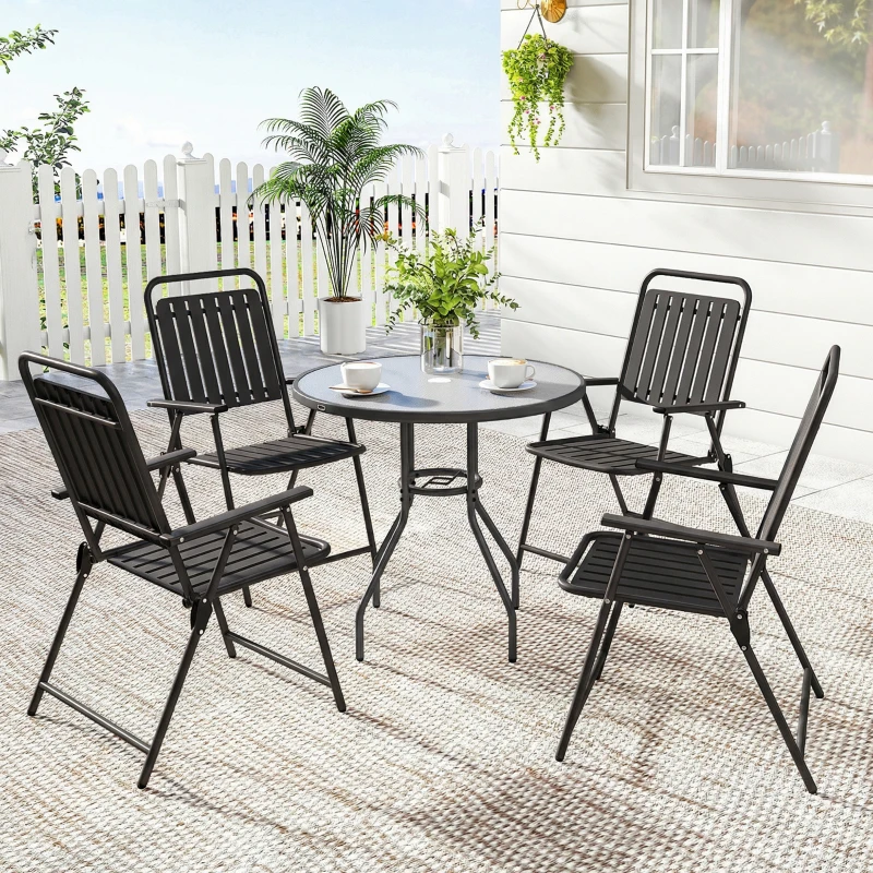 Outsunny Folding Garden Chairs, Garden Dining Chairs with Plastic Slatted Seat Back, Armrests, Steel Frame, Set of 4, Black