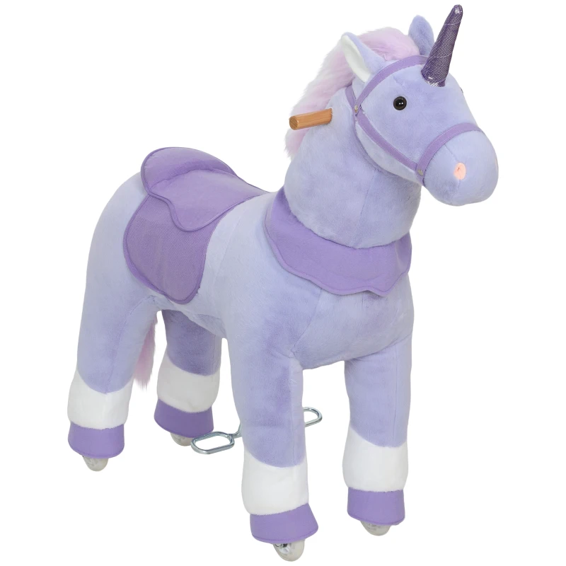 Qaba Ride on Unicorn Toy for Kids 4-7 Years, 37.8 Inch Plush Baby Rocking Horse with Wheels, No Battery Required, Purple