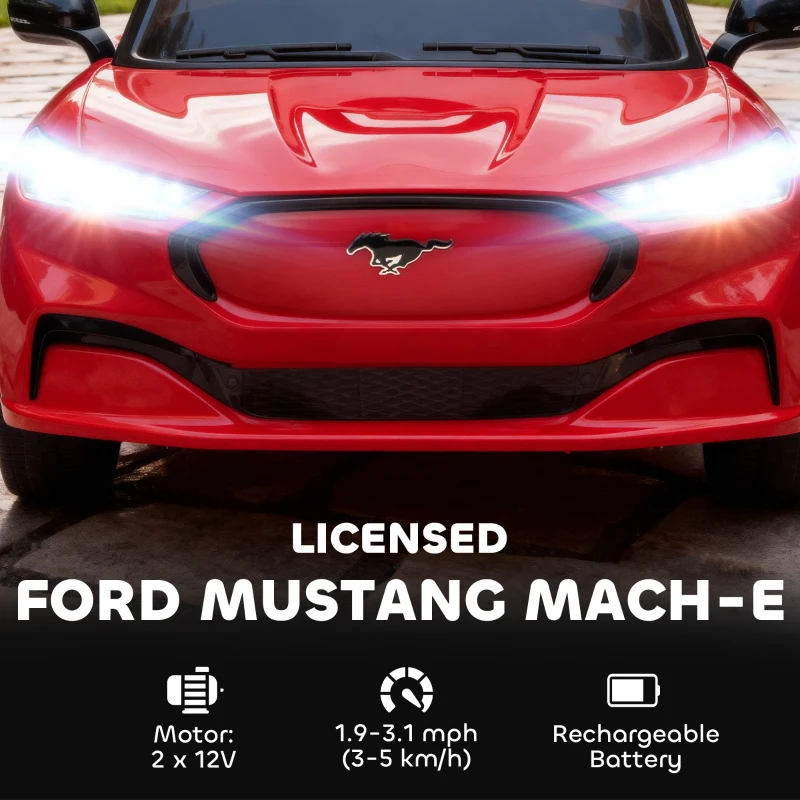 Qaba 12V Kids Ride On Car, Licensed Ford Mustang Mach-E Electric Car with Remote Control, LED Light, Music, Red