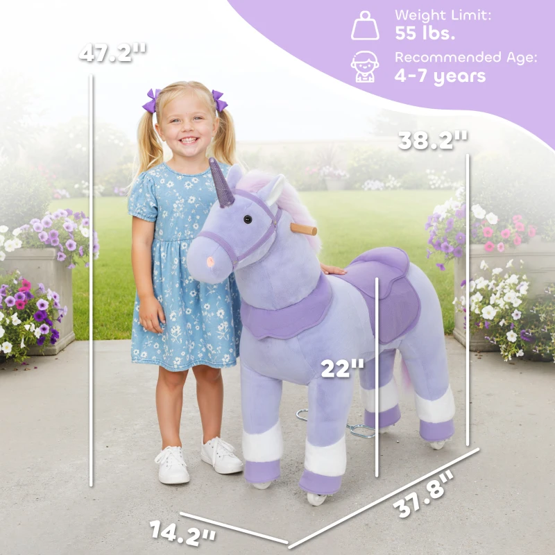 Qaba Ride on Unicorn Toy for Kids 4-7 Years, 37.8 Inch Plush Baby Rocking Horse with Wheels, No Battery Required, Purple