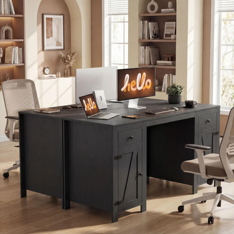 HOMCOM 53" Farmhouse Executive Desk, Computer Desk with Drawers and 2 Cabinets, Study Table for Home Office, Black Wood Grain