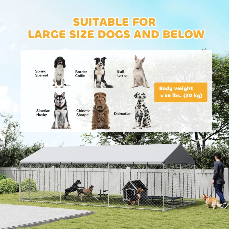 PawHut Heavy Duty Outdoor Dog Kennel with Waterproof Roof, 2 Secure Latches, Chain Link Dog Run for Backyard, 20' x 10' x 7'