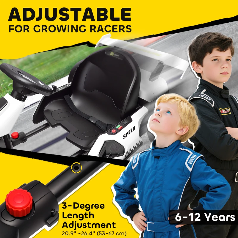 Aosom 24V Electric Go Kart, Battery Powered Kids Drift Kart with Adjustable Seat, Seat Belt, Horn, Music, Light, White