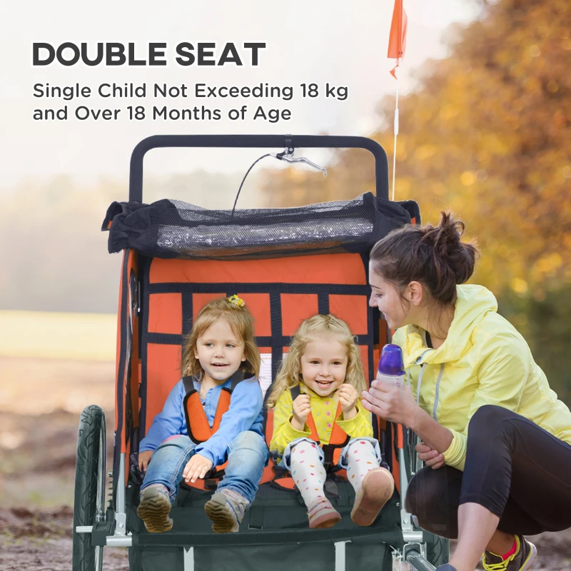 Aosom 2-in-1 Bike Trailer for Kids, Foldable 2-Seat Baby Stroller with 5-Point Harness, Rubber Wheels, Storage Bag, Orange