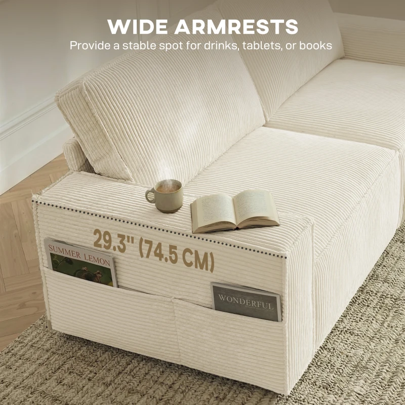 HOMCOM 86" 3 Seater Sofa, Modern Corduroy Upholstered Couch, Beige