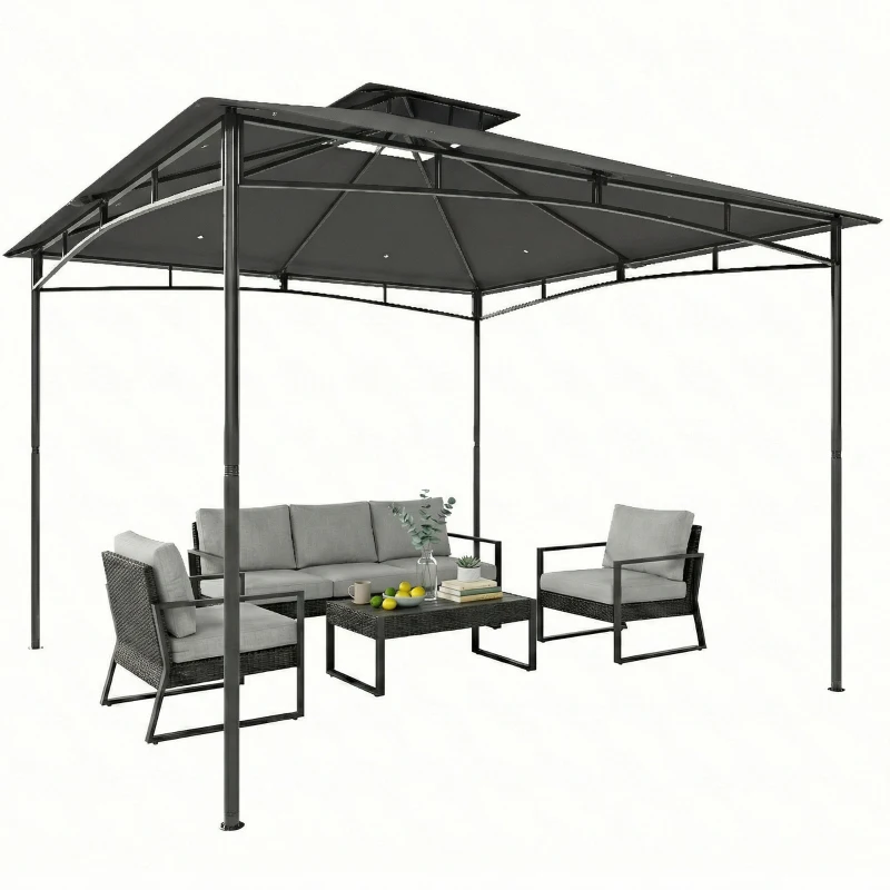Outsunny 10' x 10' Gazebo, Soft Top Outdoor Gazebo with 2-Tier Roof, Metal Frame, Dark Grey