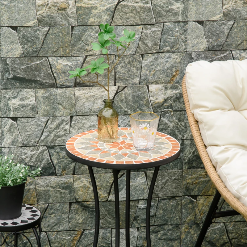 Outsunny Mosaic Patio Table, Round Coffee Table with Metal Frame, Garden Furniture for Outdoor, Poolside, Yellow & Grey