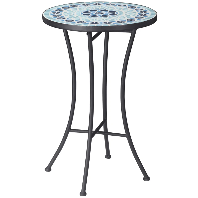 Outsunny Mosaic Patio Table, Round Coffee Table with Metal Frame, Garden Furniture for Outdoor, Poolside, Blue