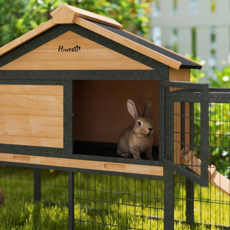 PawHut Rabbit Hutch Outdoor, 85"L Large Wooden Bunny Cage with Run Box, Removable Plastic Tray, Asphalt Roof, Ramp, Yellow