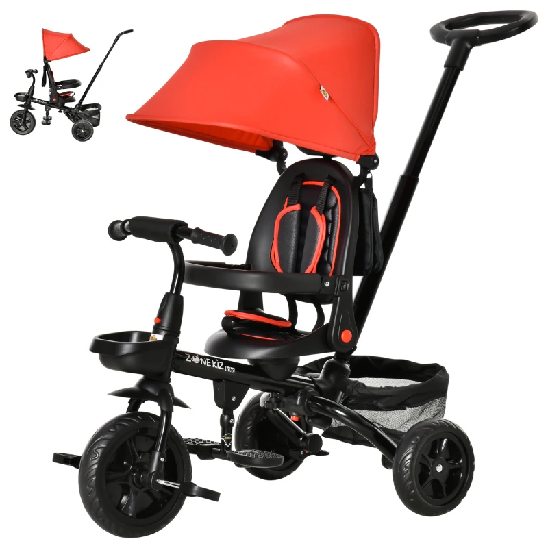 Qaba Tricycle for Toddler 4 in 1 Kids Trike with Reversible Adjustable Seat, Baby Push Bike with Removable Handle, Curved Canopy, Belt Storage Brake Clutch for 1-5 Years, Red