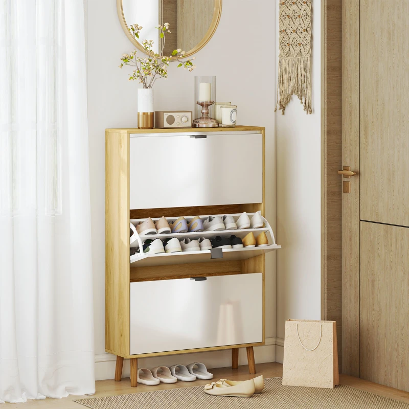 HOMCOM Narrow Shoe Cabinet, High Gloss Shoe Storage Cabinet with 3 Flip Drawers and Adjustable Shelves, Holds 24 Pairs, White