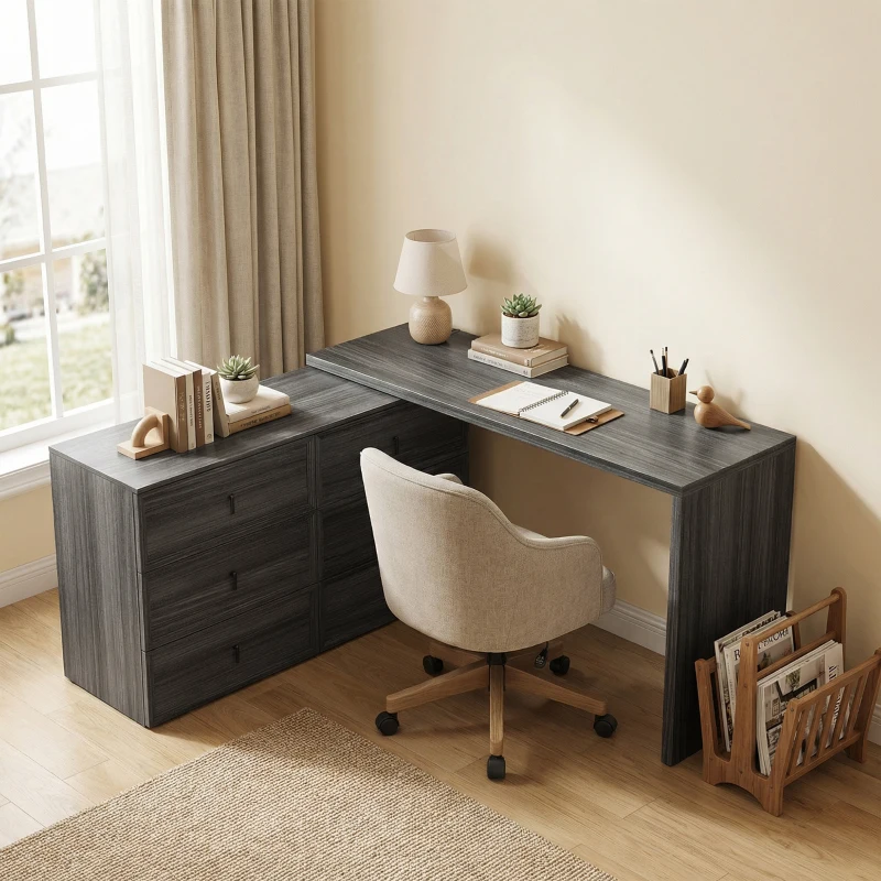 HOMCOM L Shaped Computer Desk Home Office Desk with 6 Drawers Black Wood Grain