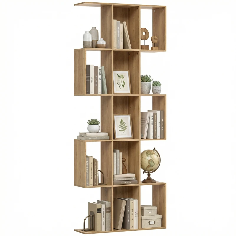 HOMCOM 5-Tier Bookshelf, S Shaped Geometric Bookcase with 15 Compartments, Oak