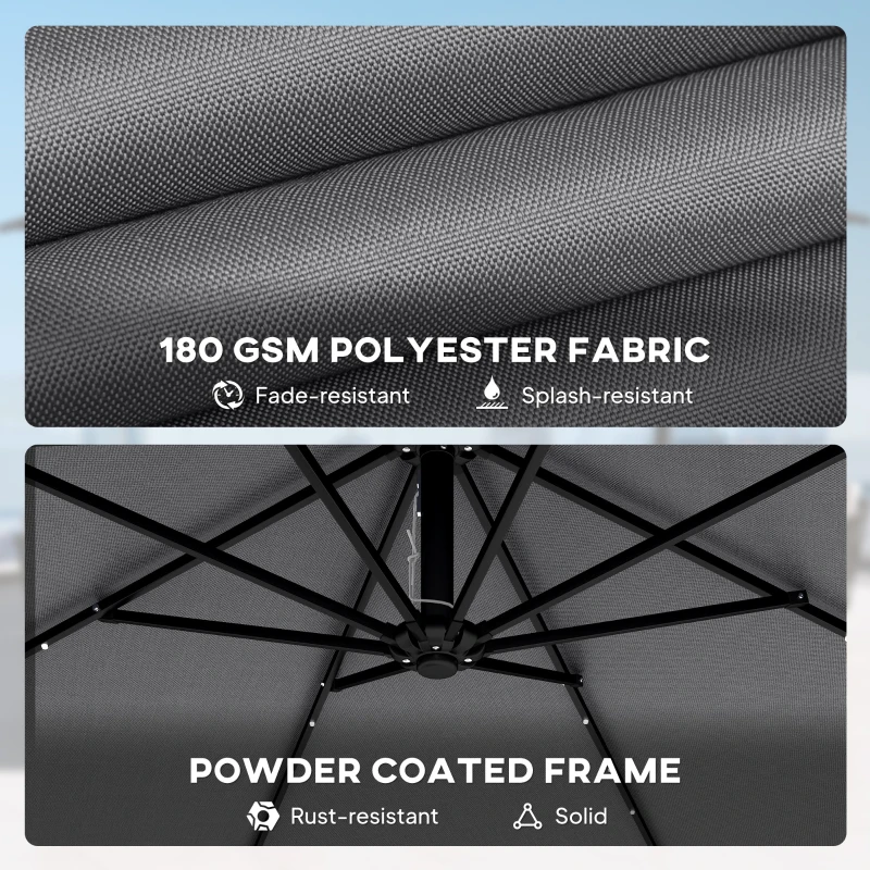 Outsunny 9.7ft Solar LED Cantilever Patio Umbrella with 32 LED Lights, Cross Base, Crank Handle, for Poolside, Deck, Dark Grey