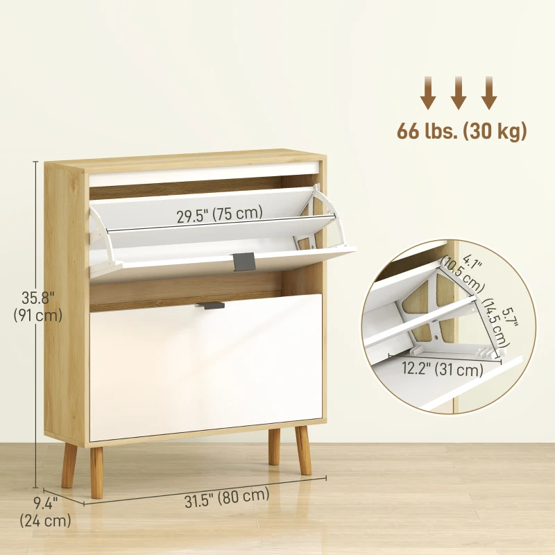 HOMCOM Narrow Shoe Cabinet, High Gloss Shoe Storage Cabinet with 2 Flip Drawers and Adjustable Shelves, Holds 16 Pairs, White