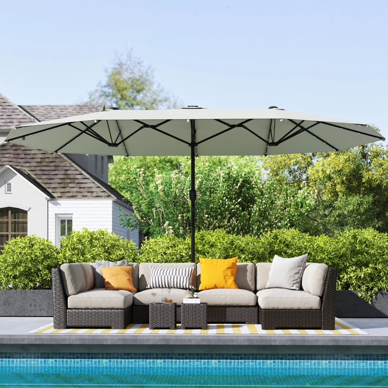 Outsunny 173" Double-Sided Sun Umbrella Garden Parasol Patio Sun Shade Outdoor with LED Solar Light, Cream White