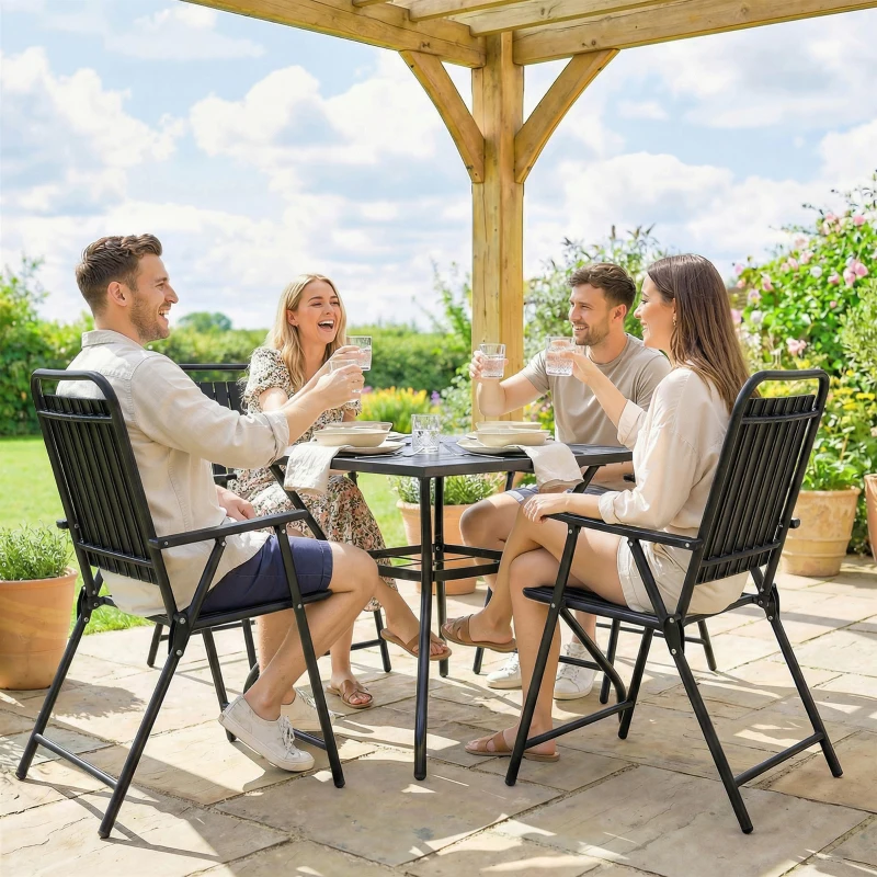 Outsunny Folding Garden Chairs, Garden Dining Chairs with Plastic Slatted Seat Back, Armrests, Steel Frame, Set of 4, Black