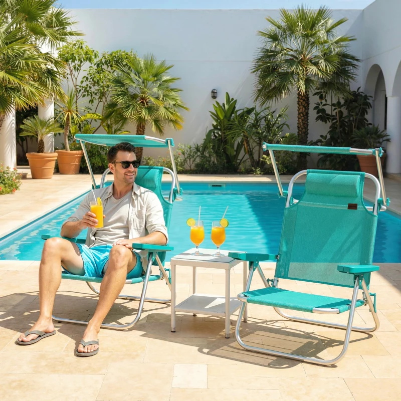 Outsunny 2 Piece Folding Beach Chairs with Adjustable Canopy, 6-Position Reclining Lounge Chair with Headrest, Turquoise