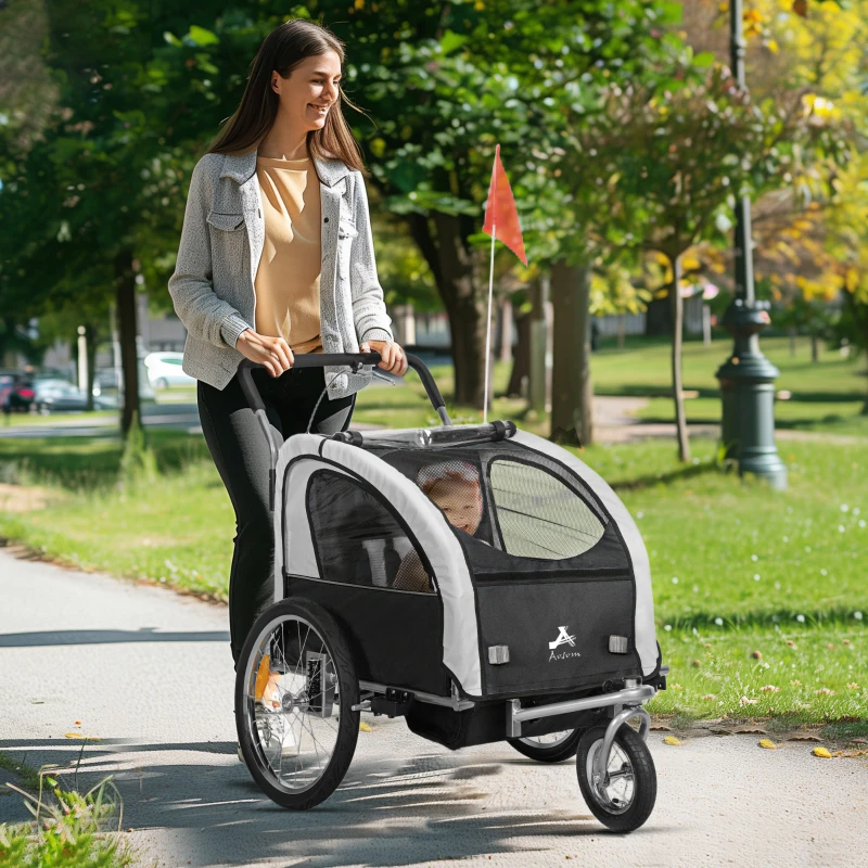 Aosom 2-in-1 Bike Trailer for Kids, Foldable 2-Seat Baby Stroller with 5-Point Harness, Rubber Wheels, Storage Bag, Black