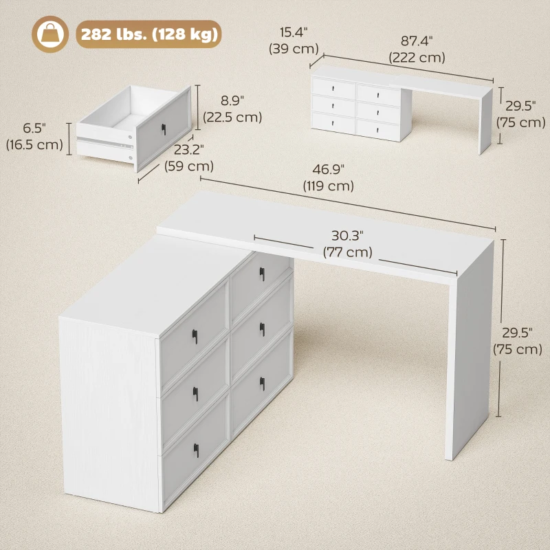 HOMCOM L Shaped Computer Desk Home Office Desk with 6 Drawers White Wood Grain