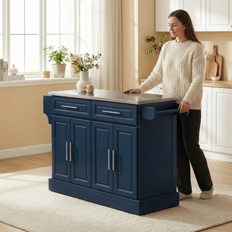 HOMCOM Rolling Kitchen Island with Stainless Steel Top, 2 Drawers, Spice, Knife and Towel Rack and Cabinets, Navy Blue